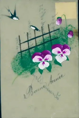 Zelluloid Ak Glückwunsch Neujahr, Schwalben, Stiefmütterchen