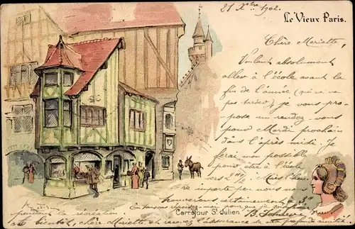Künstler Litho Robida, Le Vieux Paris, Carrefour St. Julien, Chocolat Guerin-Boutron