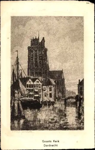 Künstler Ak Dordrecht Südholland Niederlande, Groote Kerk, Flußansicht, Brücke, Kirche