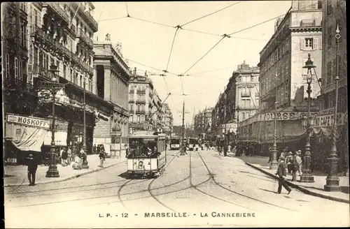 Ak Marseille Bouches du Rhône, La Cannebiere, Straßenbahn