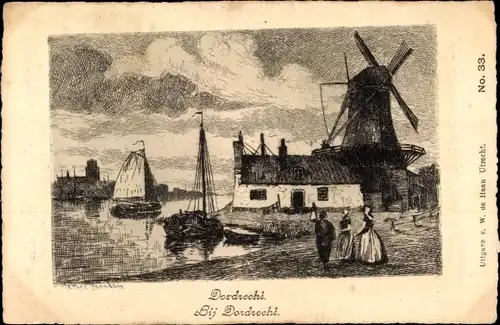 Künstler Ak Matthes, P., Dordrecht Südholland Niederlande, Molen, Segelboote, Wohnhaus