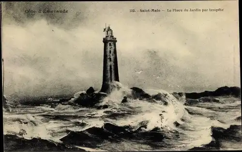 Ak Saint Malo Ille et Vilaine Bretagne, Le Phare du Jardin par tempete, Leuchtturm