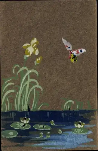 Handgemalt Ak Schmetterling über Seerosenteich, Iris
