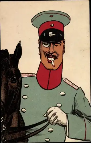 Ak Deutscher Soldat in Uniform, Karikatur, Zigarette