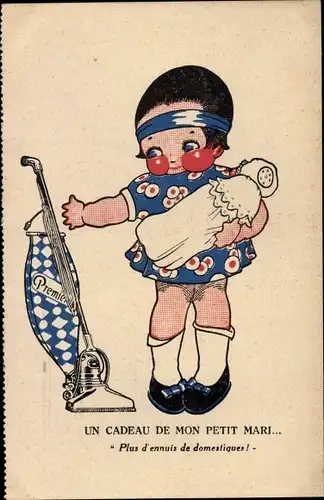 Ak Un cadeau de mon petit mari, Mädchen mit Staubsauger, Reklame, Premier, Brüssel