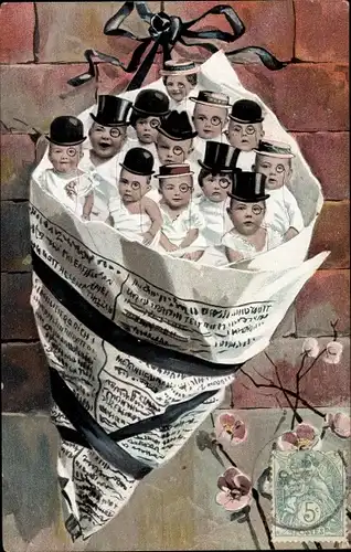 Ak Babys in Papiertüte mit Hüten und Monokeln