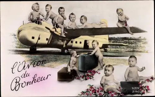 Ak L'Avion du Bonheur, Babys, Flugzeug, Fotomontage