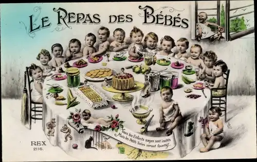 Ak Le Repas des Bebes, Babys am gedeckten Tisch, Fotomontage