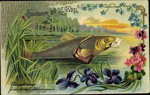 Ak 1. April, Ier Avril, Fisch mit Brief, Blumen