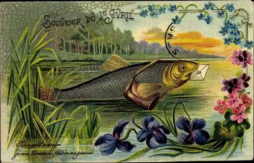 Präge Ak 1.April, Ier Avril, Blumen, Fisch mit Umschlag, Souvenir