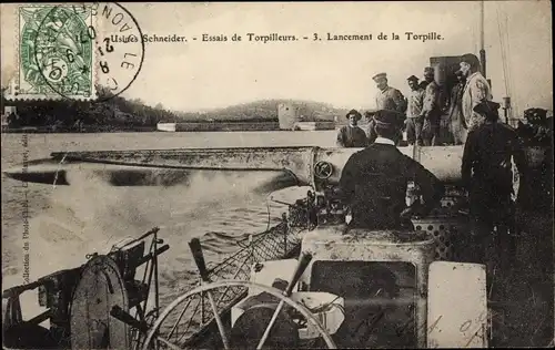 Ak Le Creusot Saône et Loire, Usines Schneider, Essais de Torpilleurs, Lancement de la Torpille