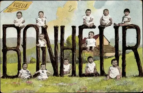 Buchstaben Ak Bonheur, Kleinkinder, Babys, Fotomontage