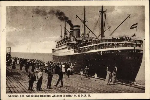 Ak Abfahrt Amerikadampfer Albert Ballin, HAPAG, Dampfschiff