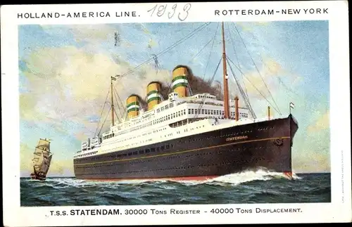 Ak Dampfer SS Statendam, Holland America Line HAL, Rotterdam New York