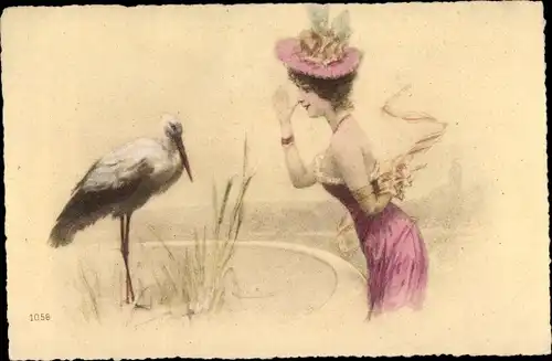 Ak Frau macht Storch eine lange Nase