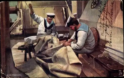 Künstler Ak Sail Making, Seeleute nähen Segel