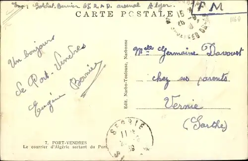 Ak Port Vendres Pyrénées Orientales, le courrier d'Algerie sortant du Port