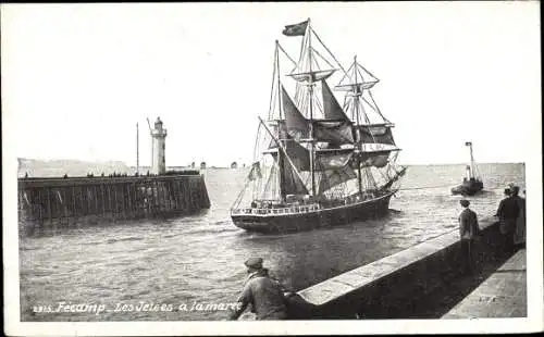 Ak Fécamp Seine Maritime, Les Jetees a la maree, Segelschiff, Leuchtturm