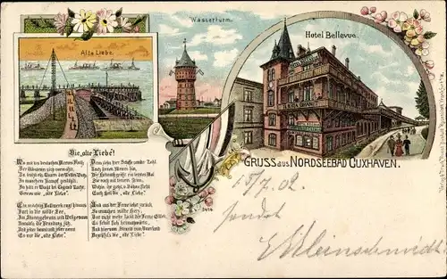 Gedicht Litho Nordseebad Cuxhaven, Die alte Liebe, Hotel Bellevue, Wasserturm