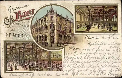 Litho Köln am Rhein, Café Bauer, Hohe Straße 69-71, Innenansicht, Billard