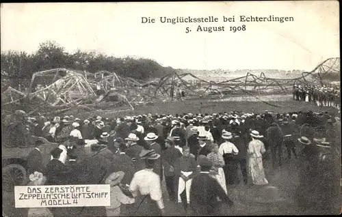Ak Leinfelden Echterdingen auf den Fildern, Zerstörtes Zepplin'sche Luftschiff Modell 4 1908