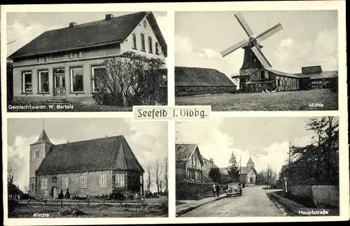 Ak Seefeld Stadland Oldenburg, Gemischtwaren, Windmühle, Hauptstraße