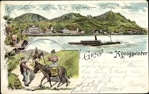 Litho Königswinter am Rhein, Panorama vom Ort, Dampfer, Frau auf Esel reitend