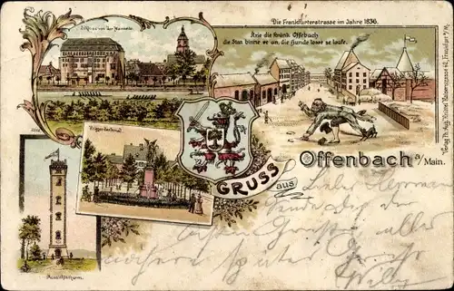 Wappen Litho Offenbach am Main Hessen, Schloss, Aussichtsturm, Denkmal, Frankfurter Straße 1836