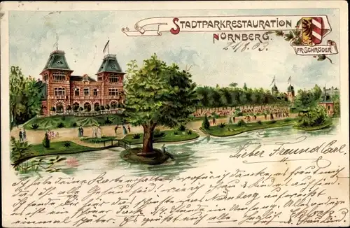 Künstler Litho Nürnberg in Mittelfranken, Stadtparkrestauration von Fr. Schröder, Uferpartie