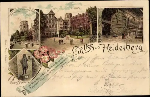 Litho Heidelberg am Neckar, Schlosshof, Das große Fass, Zwerg Perkeo