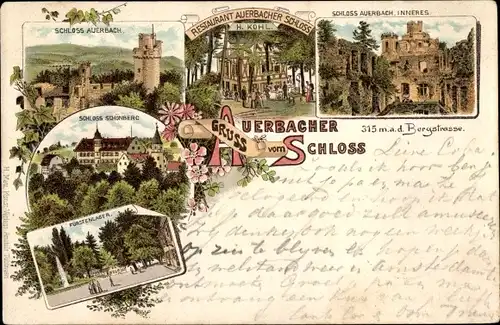 Litho Auerbach Bensheim an der Bergstraße in Hessen, Schloss, Restaurant, Fürstenlager