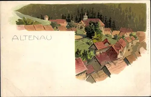 Litho Altenau Clausthal Zellerfeld im Oberharz, Teilansicht des Ortes