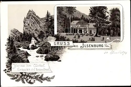 Litho Ilsenburg am Nordharz, Ilsetal, Gasthaus, Frau auf einem Felsen im Wasser