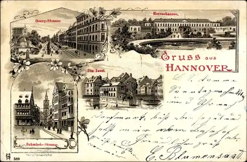 Litho Hannover in Niedersachsen, Herrenhausen, Insel, Georgstraße, Schmiedstraße