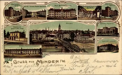 Ak Minden in Westfalen, Neue Artillerie-Kaserne, Hauptwache, Garnison-Lazarett