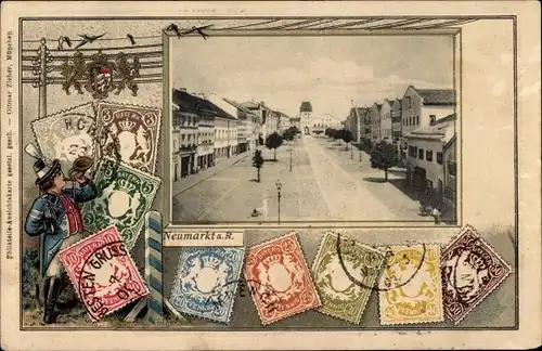 Präge Briefmarken Ak Neumarkt Sankt Veit an der Rott Oberbayern, Straßenpartie mit Tor