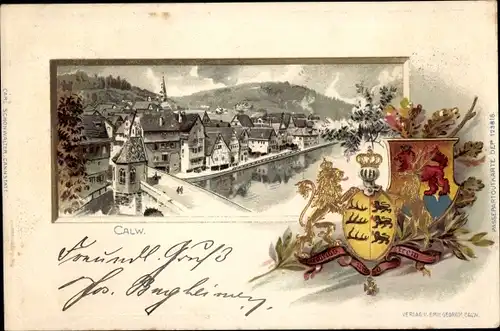 Präge Wappen Litho Calw im Nordschwarzwald, Stadtansicht