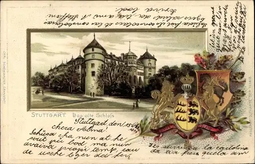 Präge Wappen Litho Stuttgart, Das alte Schloss, Außenansicht