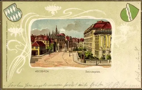 Präge Wappen Litho Ansbach in Mittelfranken Bayern, Schlossplatz, Stadtwappen