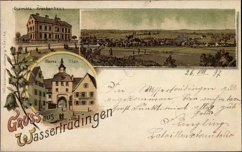 Litho Wassertrüdingen in Mittelfranken, Oberes Tor, Krankenhaus, Blick auf den Ort