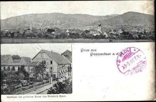 Ak  Großsachsen Hirschberg an der Bergstraße, Blick auf den Ort, Gasthaus zur goldenen Krone