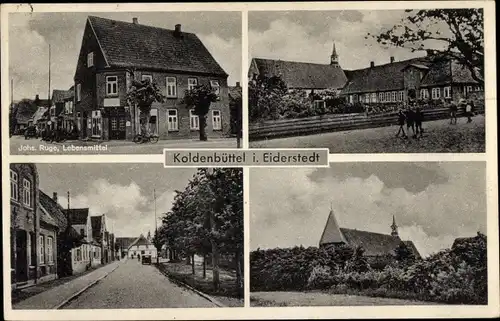 Ak Koldenbüttel in Nordfriesland, Lebensmittelhandlung, Kirche, Straßenpartie
