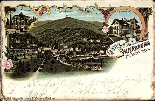 Litho Bad Sauerbrunn im Burgenland, Totalansicht, Brunnen, Badhaus