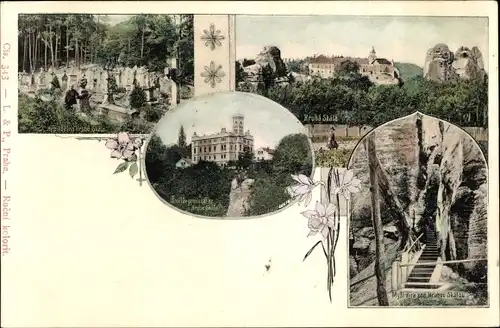 Ak Hrubá Skála Groß Skal Region Reichenberg, Friedhof, Schloss, Totalansicht