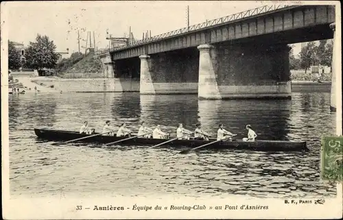 Ak Asnières sur Seine Hauts-de-Seine, Equipe du Rowing Club au Pont d'Asnieres