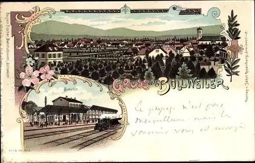 Litho Bollwiller Bollweiler Elsass Haut Rhin, Bahnhof, Gleisseite, Blick auf den Ort