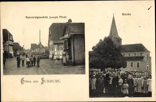 Ak Surbourg Surburg Elsass Bas Rhin, Kirche, Kindergruppe, Spezereigeschäft Joseph Pfohl