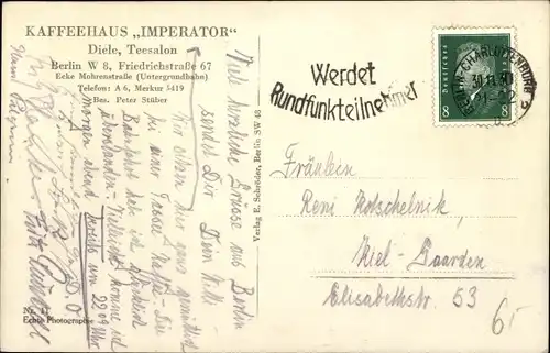 Ak Berlin Mitte, Kaffeehaus Imperator, Innenansicht, Friedrichstraße 67