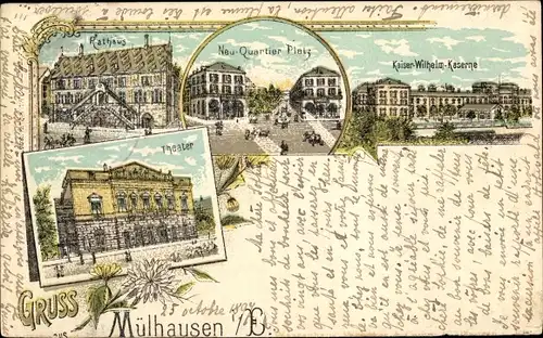 Litho Mulhouse Mülhausen Elsass Haut Rhin, Rathaus, Neu Quartier Platz, Kaiser Wilhelm Kaserne