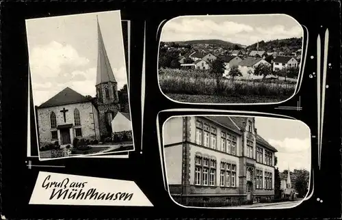 Ak Mühlhausen im Kraichgau, kathol. Kirche, Gesamtansicht, Rathaus